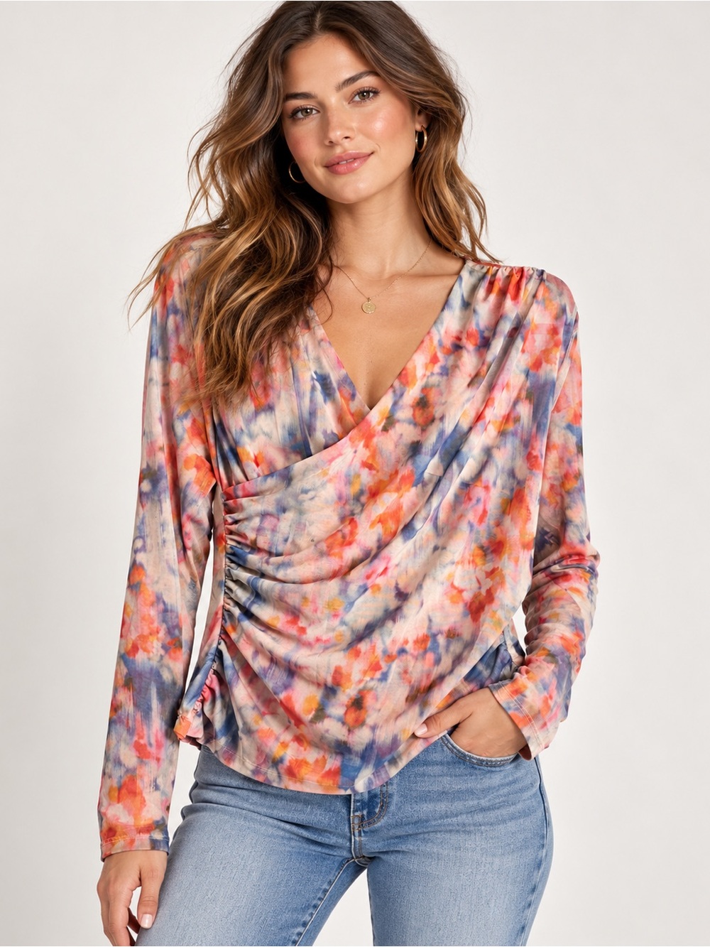 Anthropologie Abstract Watercolor Draped Ruched Long Sleeve Top